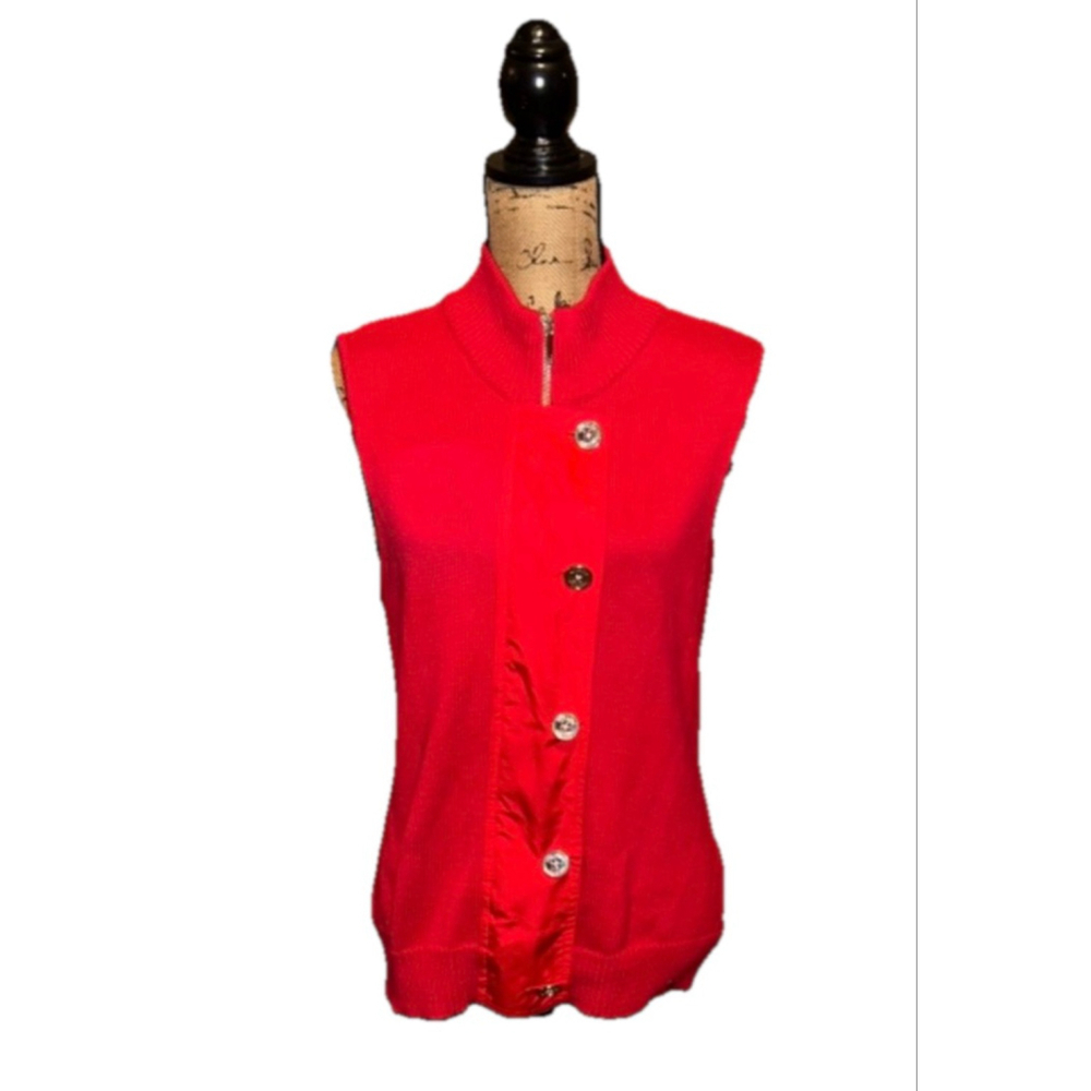Chaps Sweater Vest Women`s Red Silver Button Size Large